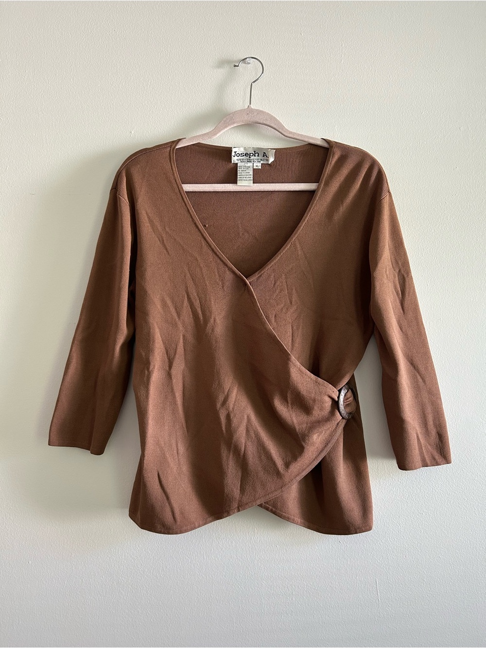 Vintage Joseph A Y2K Women’s Brown Wrap Sweater with Wooden Ring Detail